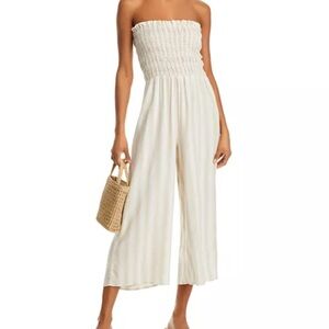 Bella Dahl Smocked Strapless Jumpsuit Sand Stripe Beachy Summer Wide Leg Small